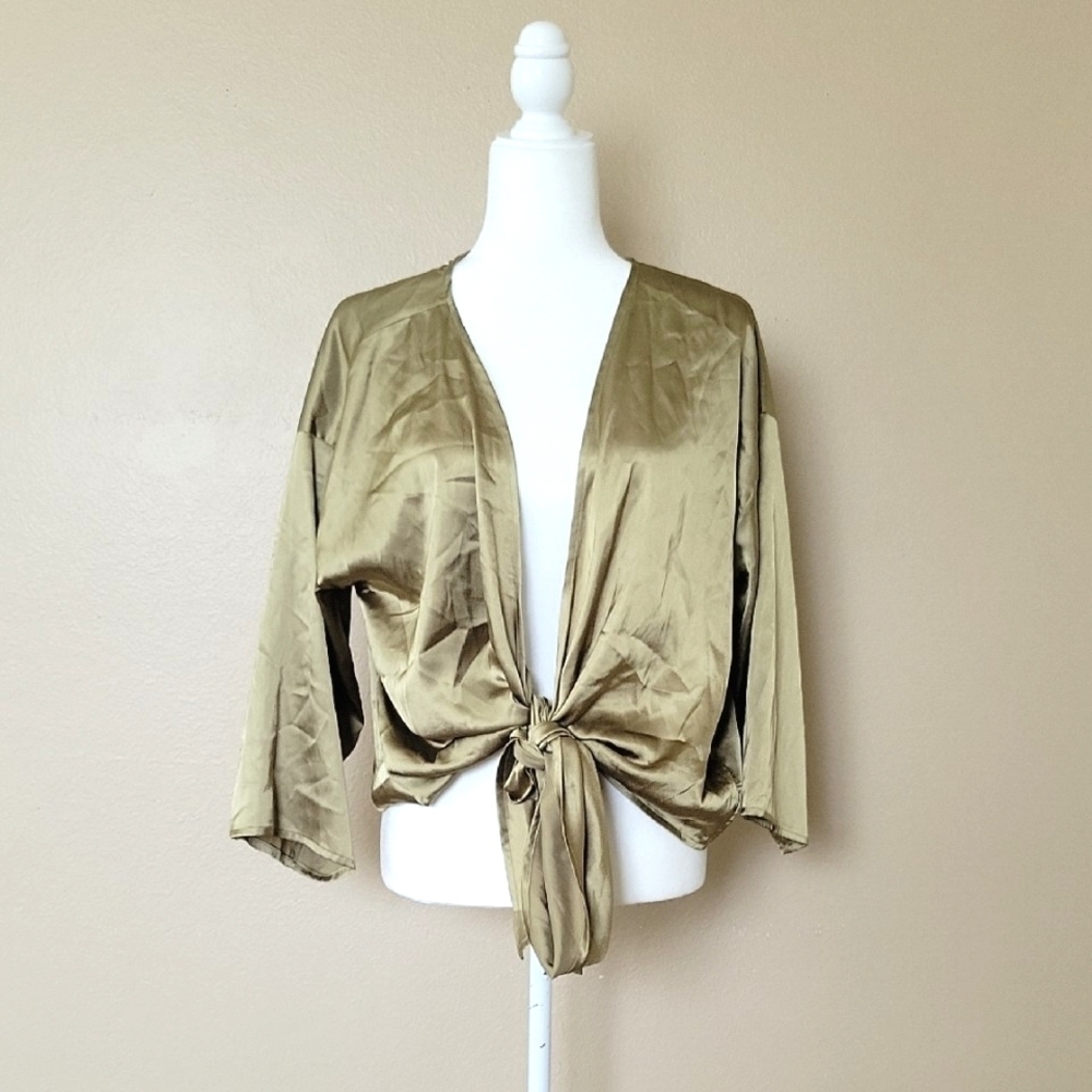Urban Outfitters UO Womens Olive Satin Tie Front Top - Size Large